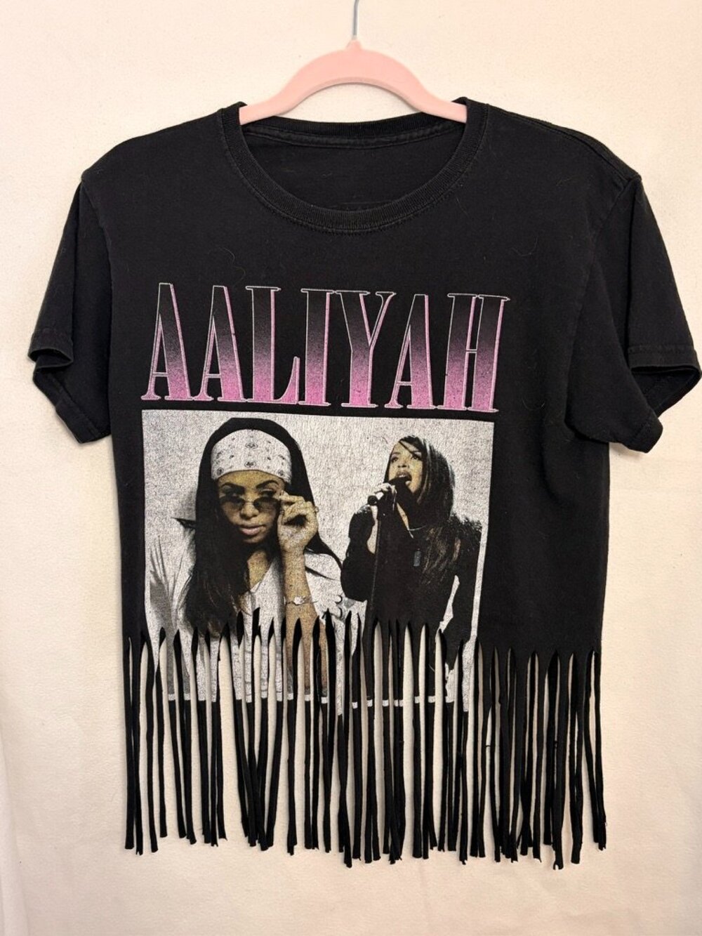 Aaliyah Edgy Fringe Graphic crop top T-shirt retro 90s pop music replica- Size S